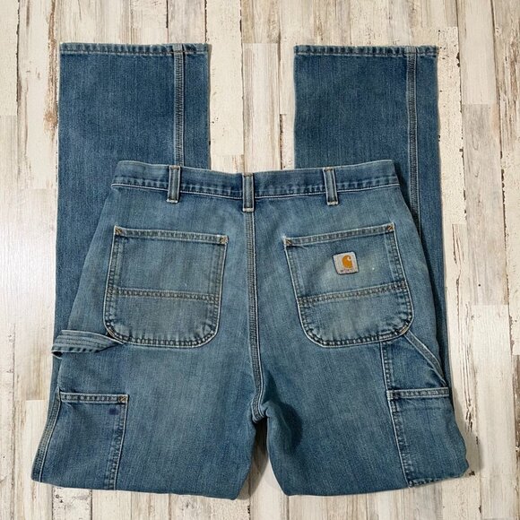 Vintage 90s Carhartt Thrashed Blue Denim Carpenter Canva Cargos Mens 34 x 34‎ - Picture 1 of 6